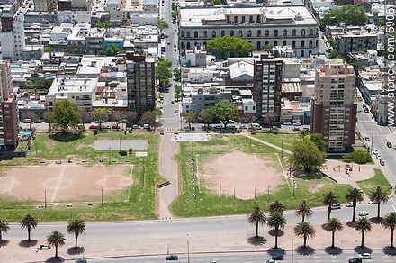 Aerial view of football baby fields Don Bosco and Estrella del Sur. In the background Uruguay Technical University (UTU). Minas Street - Department of Montevideo - URUGUAY. Photo #59051