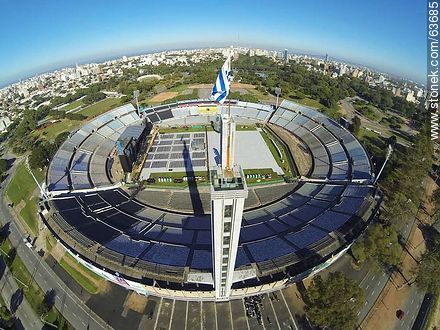 Vista aérea del Estadio Centenario. Preparativos para el recital de Paul McCartney el 19 de abril de 2014 - Departamento de Montevideo - URUGUAY. Foto No. 63685