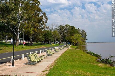 Hilera de bancos para admirar el río Uruguay - Departamento de Río Negro - URUGUAY. Foto No. 84049