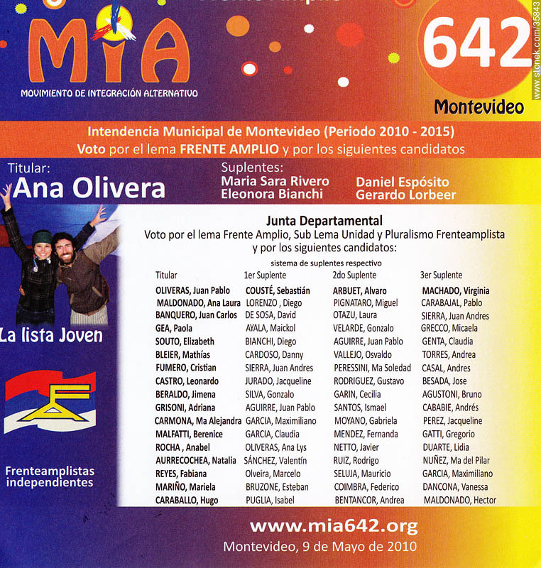 Elecciones municipales de Montevideo. 9 de mayo 2010. Lista 642 - Departamento de Montevideo - URUGUAY. Foto No. 35843