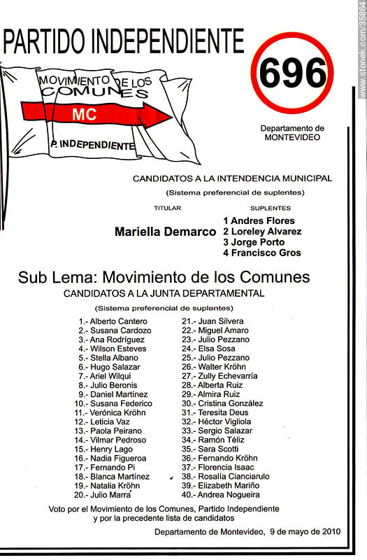 Elecciones municipales de Montevideo. 9 de mayo 2010. Lista 696 - Departamento de Montevideo - URUGUAY. Foto No. 35864