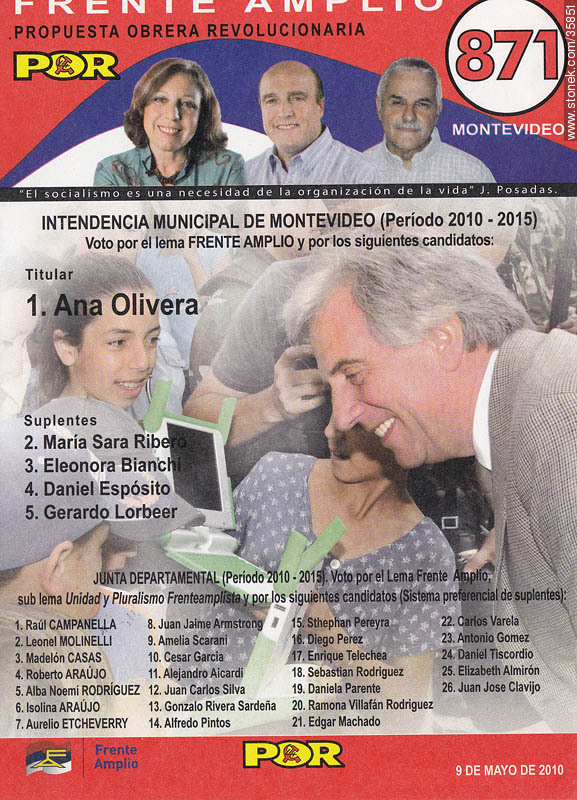 Elecciones municipales de Montevideo. 9 de mayo 2010. Lista 871 - Departamento de Montevideo - URUGUAY. Foto No. 35851