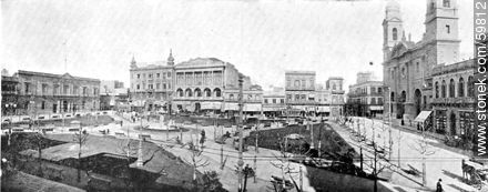 Constitution Square in 1909. Cabildo to the left. The Club Uruguay with Domingo Basso plants. On the right the Metropolitan Cathedral and the current  - Department of Montevideo - URUGUAY. Photo #59812