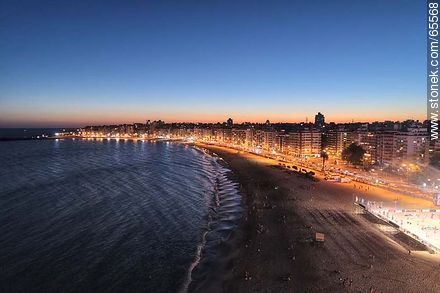 Aerial view at dusk of the rambla and beach Pocitos - Department of Montevideo - URUGUAY. Photo #65568