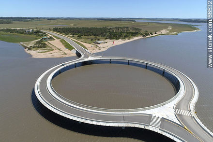 Aerial view of the circular bridge over Laguna Garzón - Department of Rocha - URUGUAY. Photo #66532