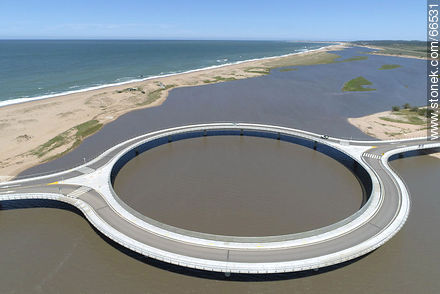Aerial view of the circular bridge over Laguna Garzón - Department of Rocha - URUGUAY. Photo #66531
