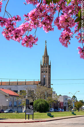 Iglesia Santa Isabel y cerezo en flor - Departamento de Tacuarembó - URUGUAY. Foto No. 69685