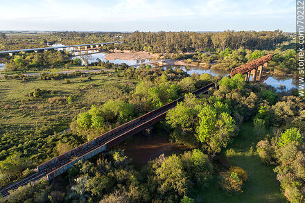 Aerial view of the road and rail bridges over the Olimar Chico River - Department of Treinta y Tres - URUGUAY. Photo #70212