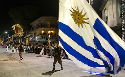 Llamadas parade 2018. Large Uruguayan flag in the parade - Department of Montevideo - URUGUAY. Photo #71073