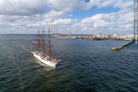 Aerial view of the Russian Navy training ship Sedov leaving the port of Montevideo (2020). - Department of Montevideo - URUGUAY. Photo #73684