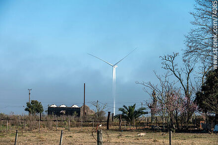 Wind turbines emerging from the morning fog near the Pampa station on Route 5. - Tacuarembo - URUGUAY. Photo #74085