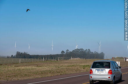 Wind turbines emerging from the morning fog near the Pampa station on Route 5. - Tacuarembo - URUGUAY. Photo #74083