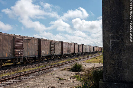 Vagones de carga en la estación desde el andén - Departamento de Tacuarembó - URUGUAY. Foto No. 74143