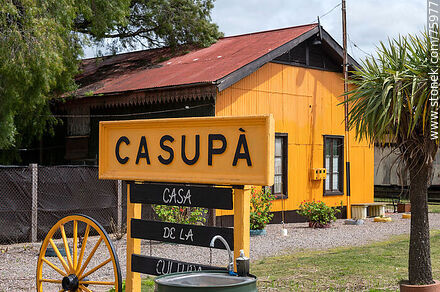 Casupá Railway Station. At the present time (2021) it is the House of the Culture. Station sign. Coronavirus prevention - Department of Florida - URUGUAY. Photo #75977