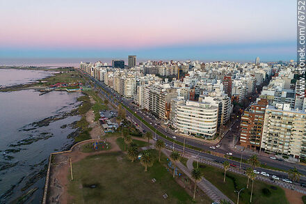 Aerial view of Rambla Gandhi in Punta Carretas at dawn before sunrise - Department of Montevideo - URUGUAY. Photo #76752