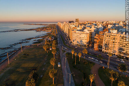 Aerial view of Rambla Gandhi in Punta Carretas at sunrise - Department of Montevideo - URUGUAY. Photo #76772