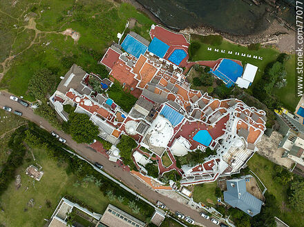 Vertical aerial view of Hotel Casapueblo - Punta del Este and its near resorts - URUGUAY. Photo #77077