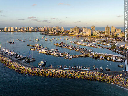 Aerial view of Rambla Artigas in front of the port at sunset - Punta del Este and its near resorts - URUGUAY. Photo #77193