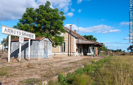 Arroyo Grande train station at Ismael Cortinas on the border of four departments. Station sign - Flores - URUGUAY. Photo #77403