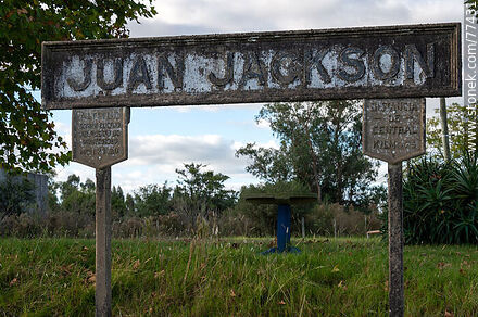 Juan Jackson train station converted into a library. Station sign - Department of Colonia - URUGUAY. Photo #77431