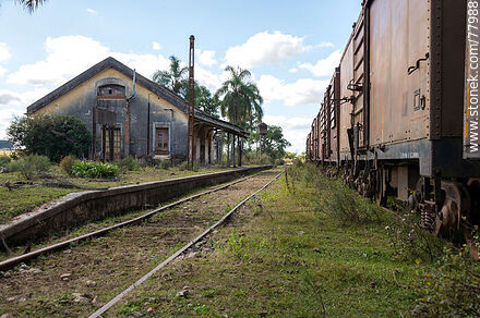 Antigua estación de ferrocarril Julio M. Sanz. Andén y fila de vagones de carga - Departamento de Treinta y Tres - URUGUAY. Foto No. 77988
