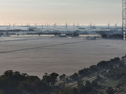 Vista aérea matutina de la bruma sobre el campo lejano brasileño y un gran parque de molinos eólicos - Departamento de Rocha - URUGUAY. Foto No. 78376