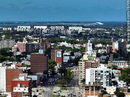 Aerial view of Av. Italia, nearby and distant buildings, Carrasco airport - Department of Montevideo - URUGUAY. Photo #78709