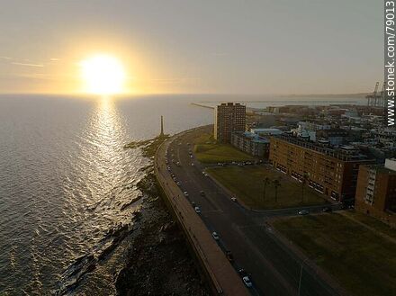 Aerial view of Rambla Francia against the sun at sunset - Department of Montevideo - URUGUAY. Photo #79013