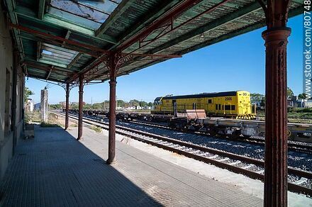 Florida Railroad Station. Platform, freight cars and locomotive. May 2023 - Department of Florida - URUGUAY. Photo #80748