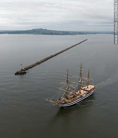 Aerial view of the training ship Amerigo Vespucci leaving the port of Montevideo. - Department of Montevideo - URUGUAY. Photo #84647