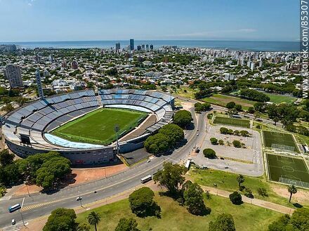 Aerial view of the Centenario Stadium, the city and the towers of the Buceo neighborhood - Department of Montevideo - URUGUAY. Photo #85307