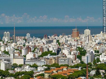 Aerial view of buildings in the city of Montevideo. Channel 10 antenna, Pereira Rossell Hospital, Municipal Palace - Department of Montevideo - URUGUAY. Photo #85353