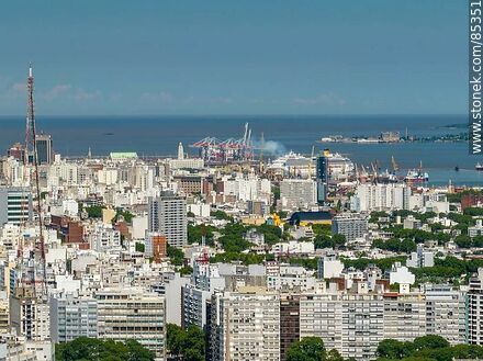 Aerial view of buildings in Montevideo and the former Swift meat packing plant on the Cerro - Department of Montevideo - URUGUAY. Photo #85351