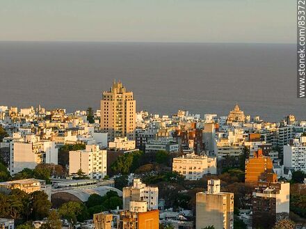 Vista aérea de edificios de Pocitos al atardecer con el fondo del Río de la Plata - Departamento de Montevideo - URUGUAY. Foto No. 85372