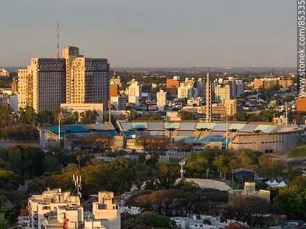 Aerial view of Centenario Stadium and Hospital de Clínicas at sunset - Department of Montevideo - URUGUAY. Photo #85335