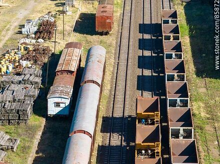 Aerial view of the Paysandú train station and its railroad tracks through the city - Department of Paysandú - URUGUAY. Photo #85872