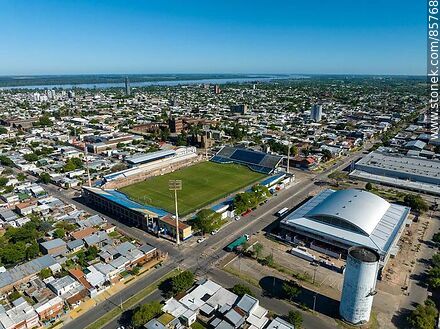 Aerial view of the Parque Artigas stadiums, the closed municipal stadium and the Paysandú Shopping mall - Department of Paysandú - URUGUAY. Photo #85768
