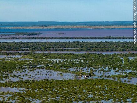 Vista aérea de campos inundados por la creciente del río Uruguay - Departamento de Artigas - URUGUAY. Foto No. 85997