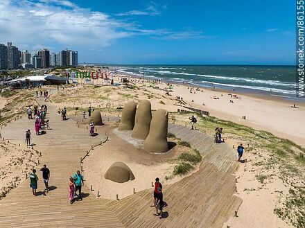 Aerial view of the work La Mano (fingers sticking out of the sand) at Brava beach - Punta del Este and its near resorts - URUGUAY. Photo #86155